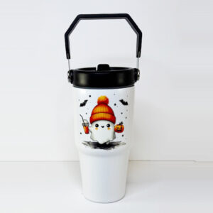 White ghost tumbler with black lid